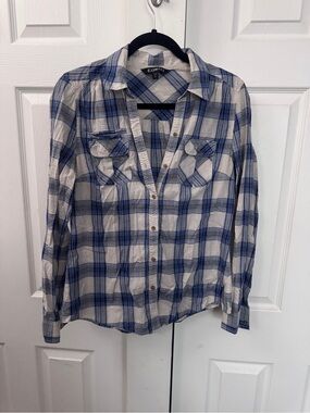 Women’s Express Blue White Plaid Metallic Thread Button Front Shirt Small